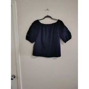 Crown & Ivy Womens Navy Blue Eyelet Lace Off Shoulder Puff Sleeve Blouse XS